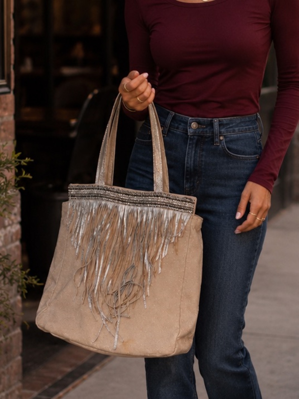 Chico’s Metallic Beaded Fringe Tote Bag Boho Western Shoulder Purse Taupe Silver
